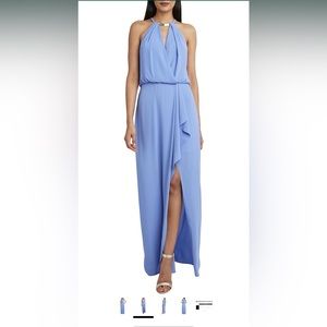 Bcbg MaxAzria blue chiffon like halter dress with thigh split NWT